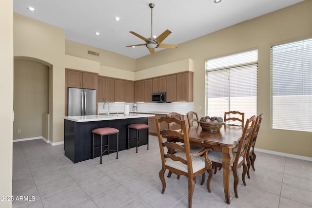 dining room with recessed lighting, ceiling fan, visible vents, and light tile patterned floors