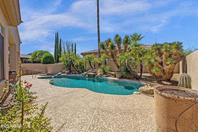 view of swimming pool featuring a fenced backyard, a fenced in pool, and a patio