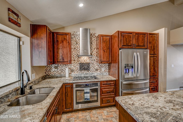 6520 E Peak View Rd, Cave Creek, AZ 85331 - kitchen with appliances with stainless steel finishes, lofted ceiling, a sink, wall chimney range hood, and light stone countertops