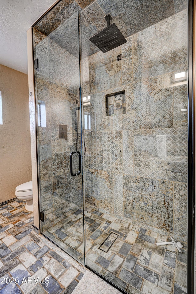 6520 E Peak View Rd, Cave Creek, AZ 85331 - full bathroom with toilet, a textured wall, and a stall shower