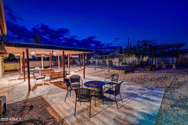 6520 E Peak View Rd, Cave Creek, AZ 85331 - view of patio / terrace featuring a fire pit, a fenced backyard, and a pergola