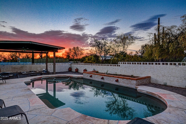 6520 E Peak View Rd, Cave Creek, AZ 85331 - pool at dusk with a fenced backyard and a patio area