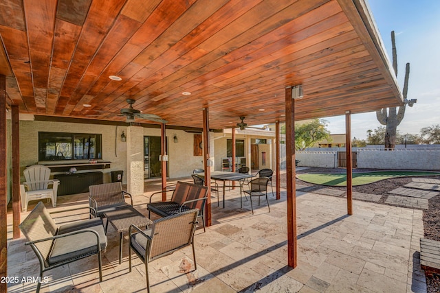 6520 E Peak View Rd, Cave Creek, AZ 85331 - view of patio with a ceiling fan, fence, and outdoor dining space