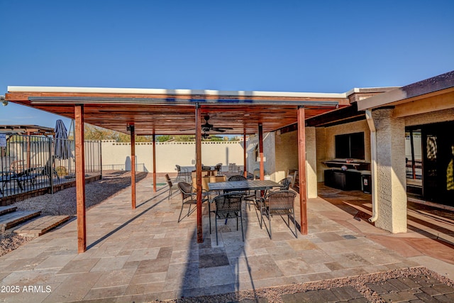 6520 E Peak View Rd, Cave Creek, AZ 85331 - view of patio / terrace with a fenced backyard, outdoor dining area, and a ceiling fan