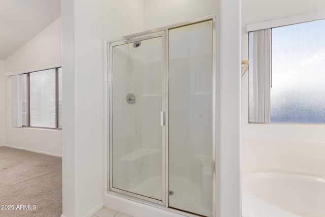 8450 S Stephanie Ln, Tempe, AZ 85284 - full bathroom with a shower stall, a bath, lofted ceiling, and baseboards