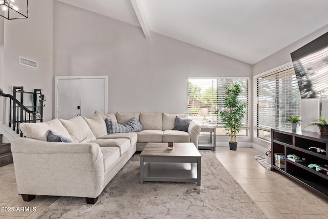 1914 S Brooks Cir, Mesa, AZ 85202 - tiled living room featuring high vaulted ceiling, baseboards, a chandelier, beam ceiling, and stairway