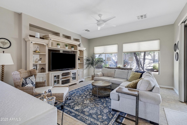 living room with ceiling fan