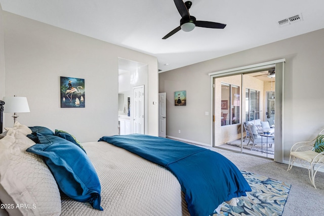 bedroom featuring access to outside, ceiling fan, and carpet