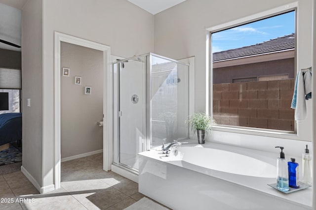 bathroom with tile patterned flooring and plus walk in shower