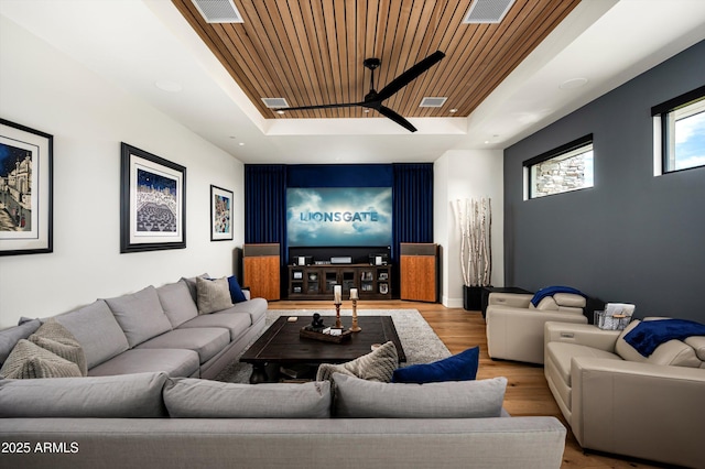 8328 E Whisper Rock Trl, Scottsdale, AZ 85266 - living room featuring visible vents, wood finished floors, a raised ceiling, and wood ceiling