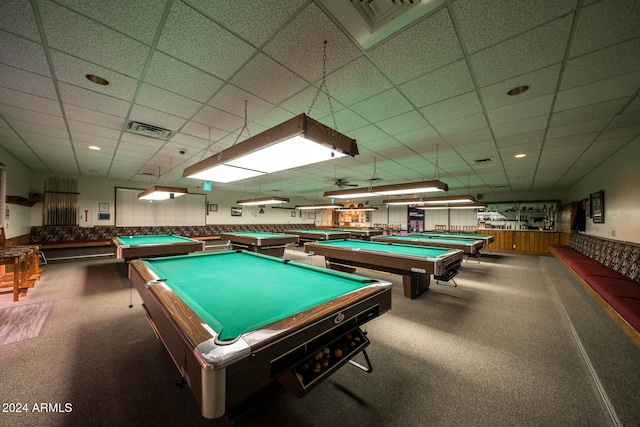 game room with carpet, a paneled ceiling, and billiards