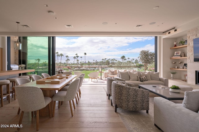 interior space featuring light hardwood / wood-style floors, built in shelves, a wealth of natural light, and floor to ceiling windows