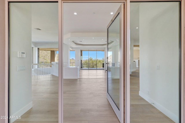 corridor with light hardwood / wood-style floors and a raised ceiling