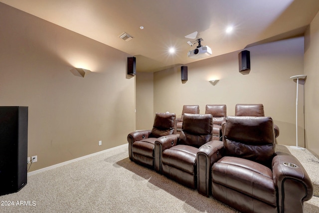 home theater featuring carpet flooring