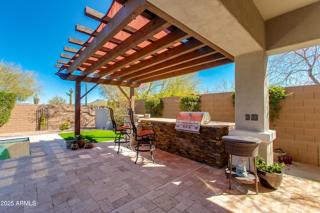 view of patio / terrace featuring a fenced backyard, a pergola, and area for grilling