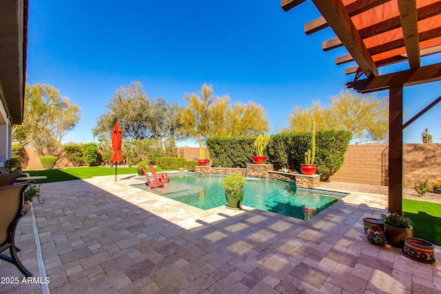 view of pool featuring a pergola, a fenced backyard, a fenced in pool, and a patio