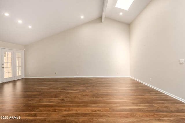 unfurnished room with beam ceiling, dark wood finished floors, recessed lighting, baseboards, and a skylight