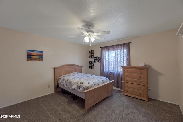 carpeted bedroom featuring a ceiling fan and baseboards