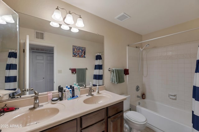 full bath with shower / bath combo, double vanity, and toilet