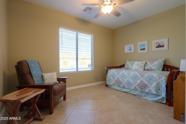 bedroom featuring ceiling fan and light tile patterned flooring