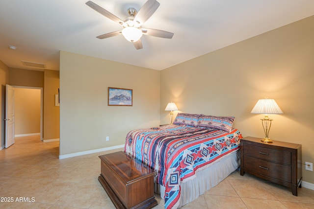 bedroom featuring ceiling fan and light tile patterned floors