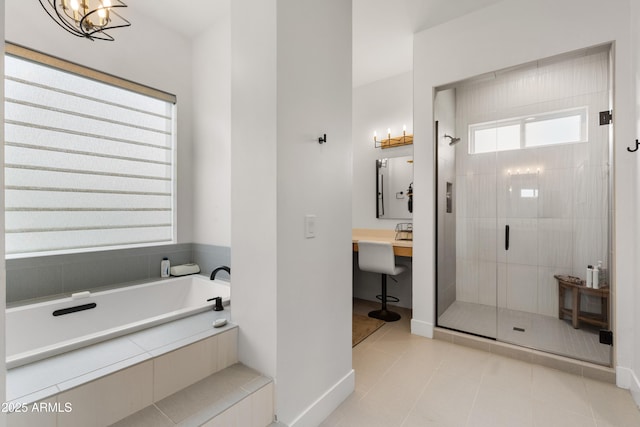 1417 Eureka Ridge Way, Prescott, AZ 86303 - full bath featuring a shower stall, a bath, tile patterned flooring, a chandelier, and baseboards