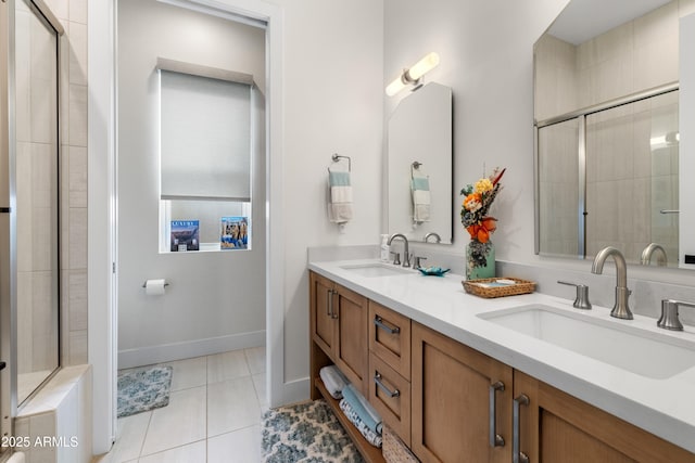 1417 Eureka Ridge Way, Prescott, AZ 86303 - bathroom featuring tile patterned floors, tiled shower, double vanity, and baseboards