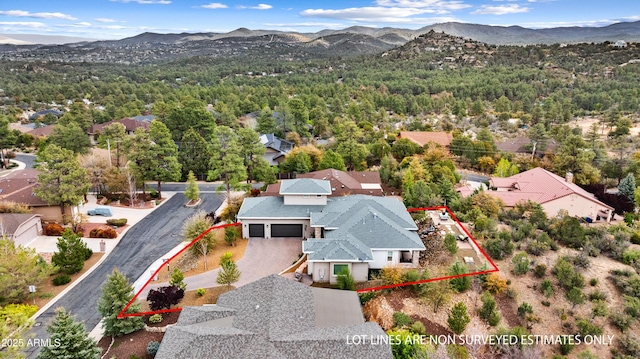 1417 Eureka Ridge Way, Prescott, AZ 86303 - aerial view of property and surrounding area featuring property parcel outlined and a mountain backdrop