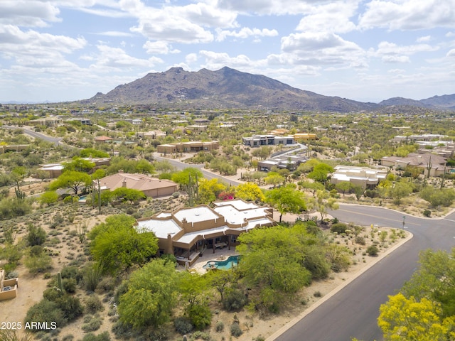drone / aerial view featuring a mountain view and a residential view