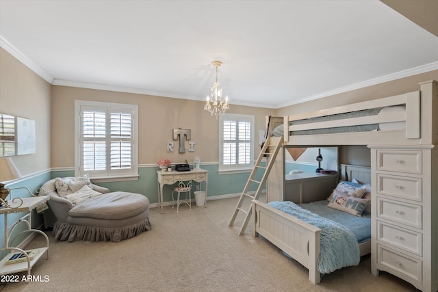 bedroom featuring light colored carpet, ornamental molding, and a chandelier