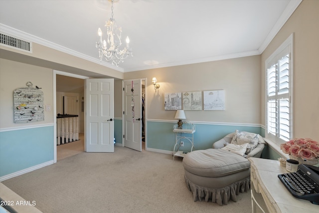 living area with an inviting chandelier, crown molding, and carpet floors