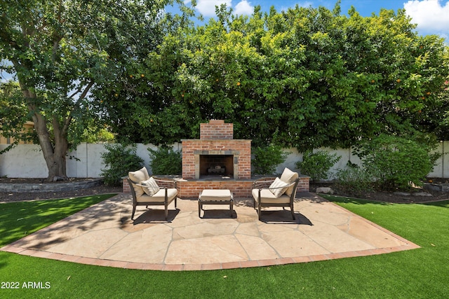 view of patio featuring an outdoor living space with a fireplace