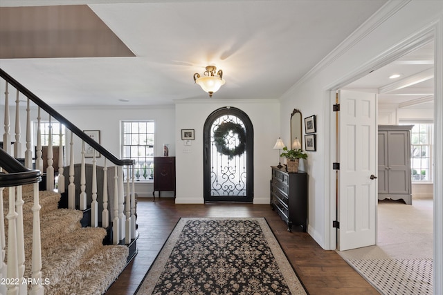 entryway with dark wood-type flooring, ornamental molding, and plenty of natural light