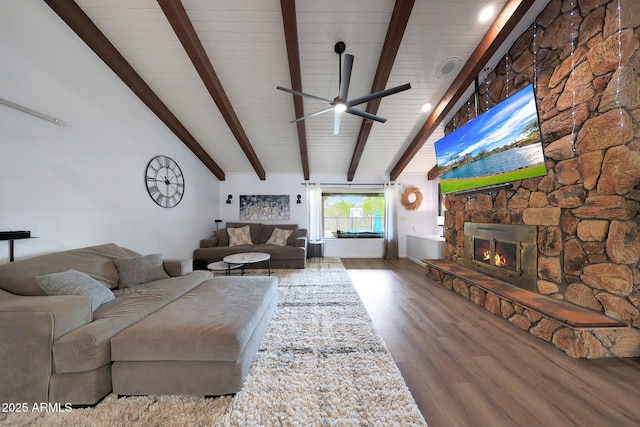 1444 E Myrna Ln, Tempe, AZ 85284 - living area featuring wood finished floors, ceiling fan, a stone fireplace, and wood ceiling