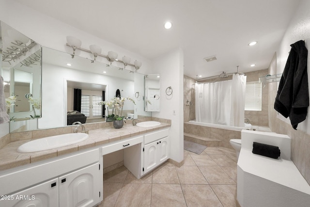1444 E Myrna Ln, Tempe, AZ 85284 - bathroom featuring tiled shower / bath, tile patterned flooring, recessed lighting, and double vanity