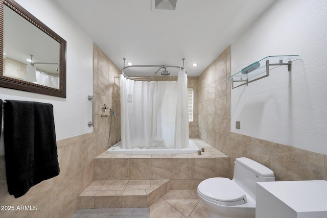 1444 E Myrna Ln, Tempe, AZ 85284 - full bathroom featuring tile walls, a combined bath / shower with rainfall shower, toilet, tile patterned flooring, and recessed lighting