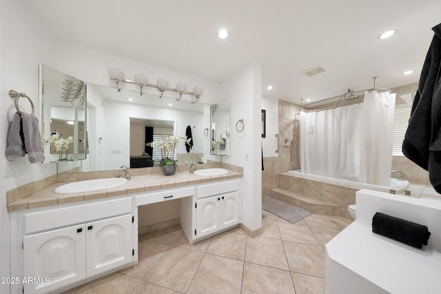 1444 E Myrna Ln, Tempe, AZ 85284 - full bathroom featuring tiled shower / bath, tile patterned floors, double vanity, toilet, and recessed lighting