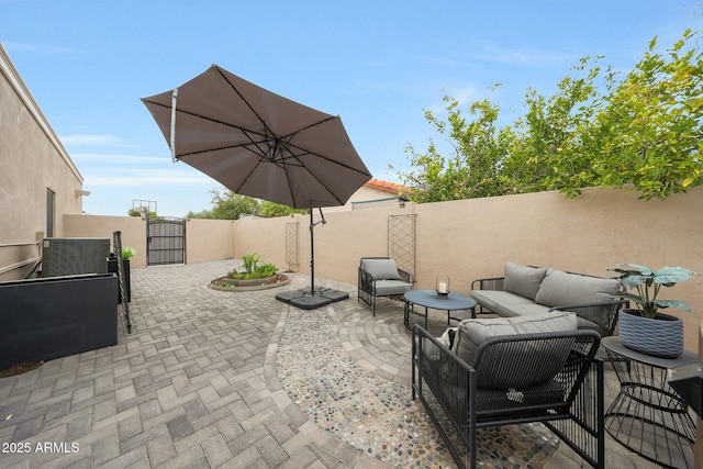 1444 E Myrna Ln, Tempe, AZ 85284 - view of patio / terrace featuring a gate, a fenced backyard, outdoor lounge area, and central AC unit