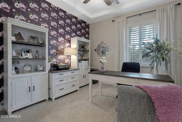 9608 N 184th Ln, Waddell, AZ 85355 - home office with wallpapered walls, light carpet, and a ceiling fan