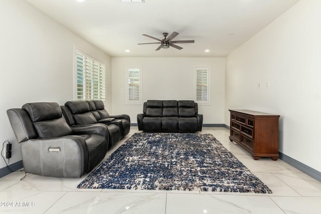 living room featuring ceiling fan