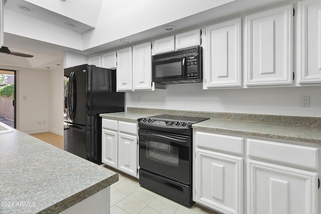 kitchen with black appliances, ceiling fan, white cabinets, and light tile patterned floors