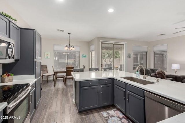 kitchen featuring sink, gray cabinetry, hanging light fixtures, stainless steel appliances, and wood-type flooring