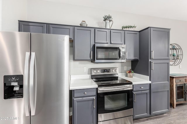 kitchen with stainless steel appliances, gray cabinetry, and light hardwood / wood-style floors