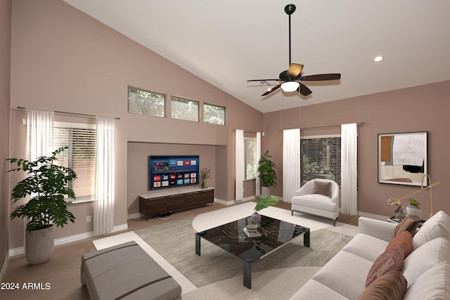 living room featuring ceiling fan and high vaulted ceiling