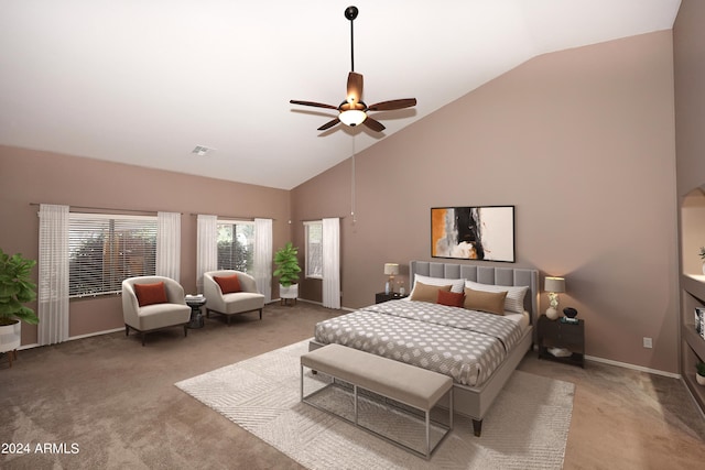 bedroom with carpet, high vaulted ceiling, and ceiling fan