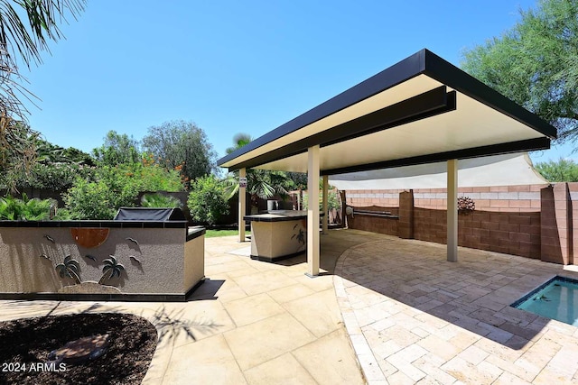 view of patio featuring exterior bar and exterior kitchen