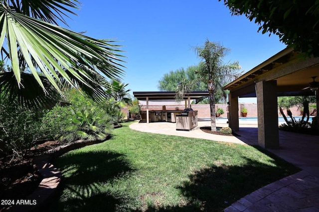 view of yard featuring an outdoor bar, exterior kitchen, and a swimming pool