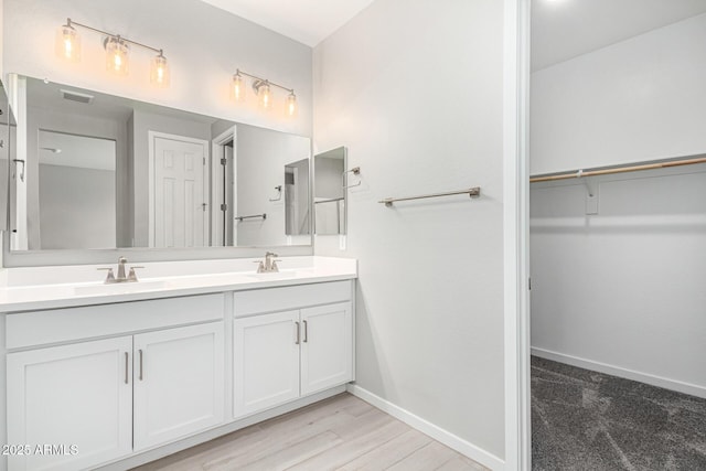 bathroom with a sink, baseboards, a spacious closet, and double vanity