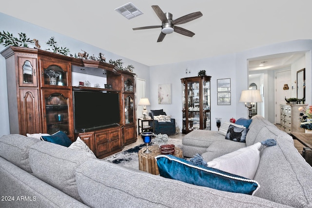 living room with ceiling fan