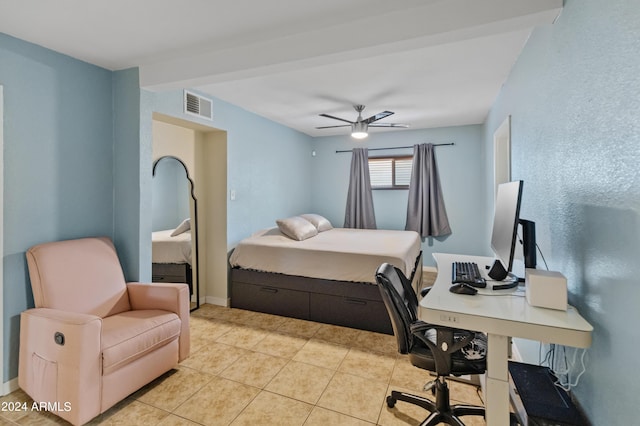 bedroom featuring a ceiling fan, light tile patterned floors, baseboards, and visible vents